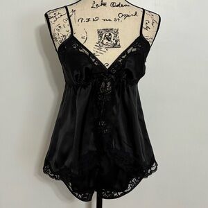 In Bloom Black Lingerie Cute Cami Shorts Pjs Set Soft V Neck Lace Trim Size M